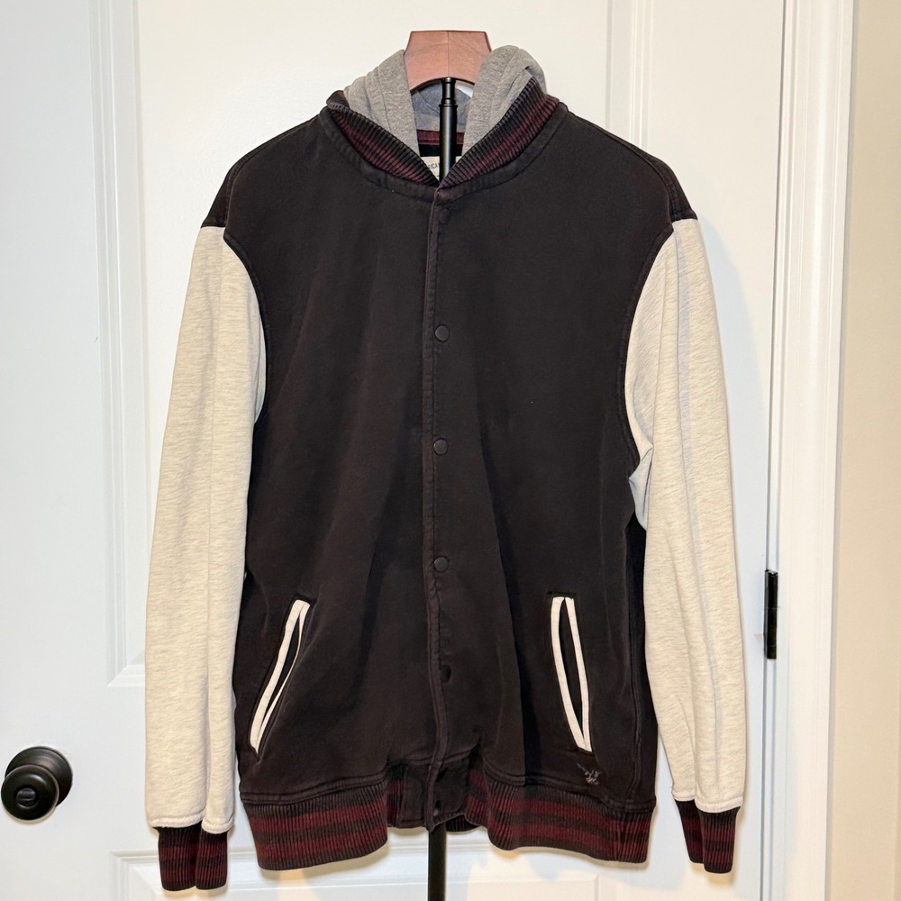 American Eagle Mens XL Varsity Hooded Jacket Fleece Snap 90s Vintage